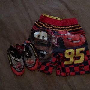 3t Lightning McQueen swim trunks new swim shoes!!